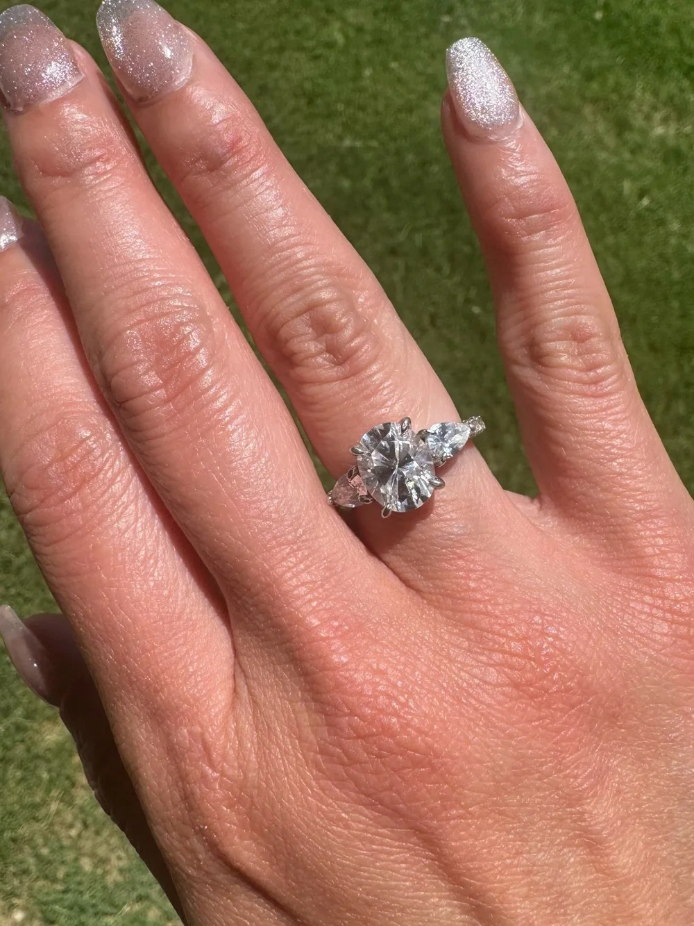 Moissanite 3ct 18K gold Sterling Oval-Cut size 6 Ring Pear Side Stones Pave band